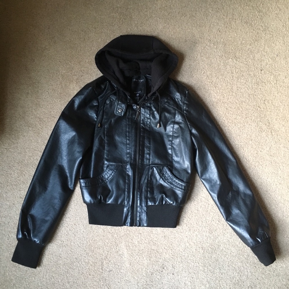Black leather jacket with hood